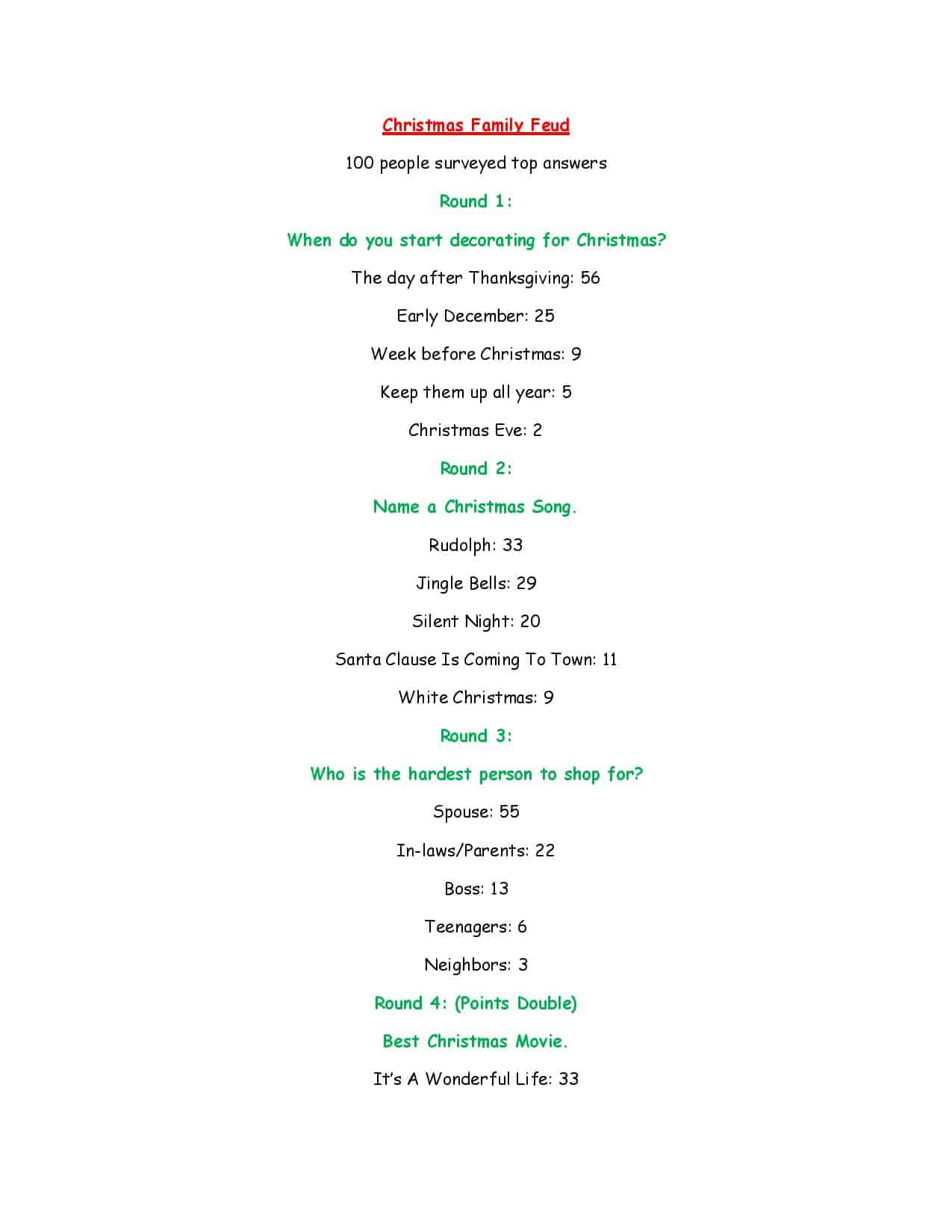 Christmas Family Feud Questions And Answers Printable Free