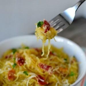 Spaghetti Squash Carbonara www.tastefullyfrugal.org