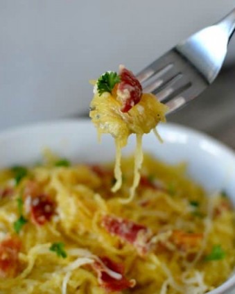 Spaghetti Squash Carbonara www.tastefullyfrugal.org