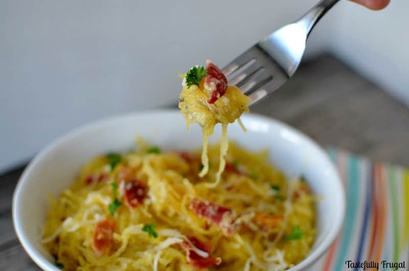 Spaghetti Squash Carbonara www.tastefullyfrugal.org