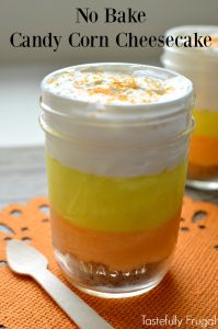 No Bake Candy Corn Cheesecakes: The perfect treat for any fall gathering | Tastefully Frugal