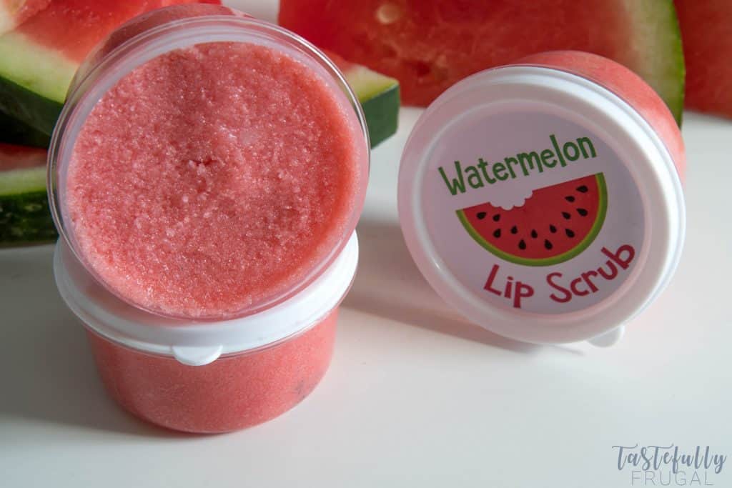 This watermelon lip scrub is easy peasy to make and is a great gift to give!