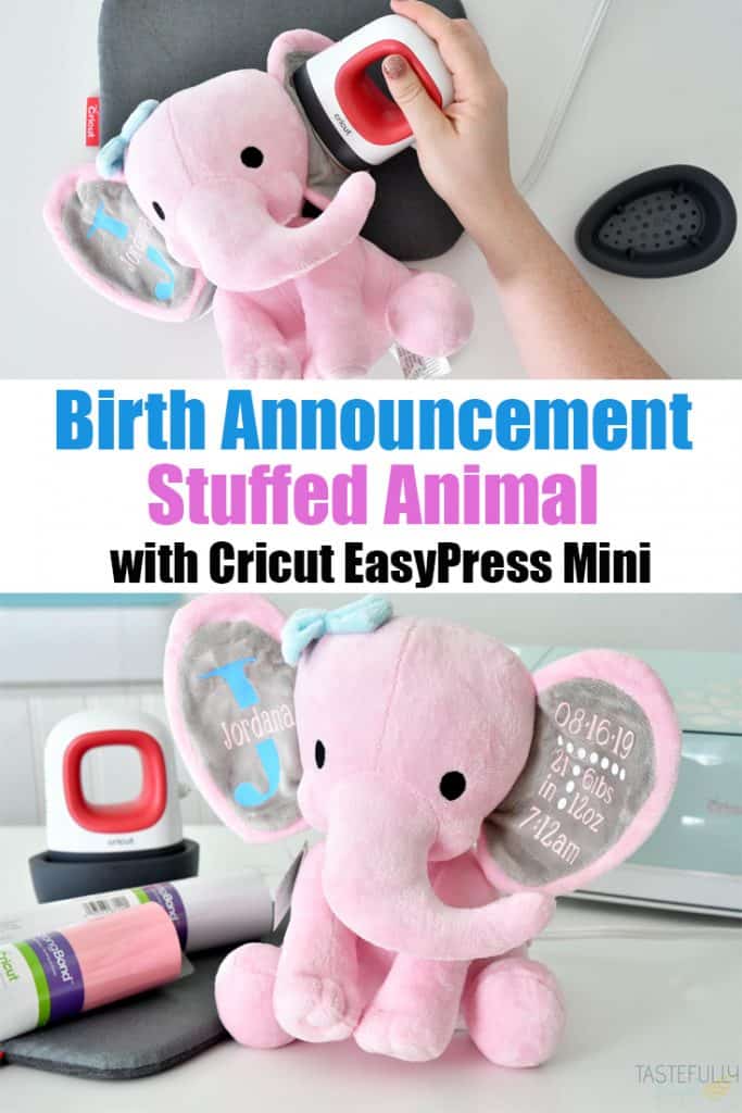 Make a birth announcement stuffed elephant for less than $10 with this tutorial that includes a FREE customizable design! #ad #cricutcreated