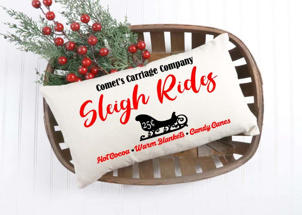 decorative holiday pillow in a basket